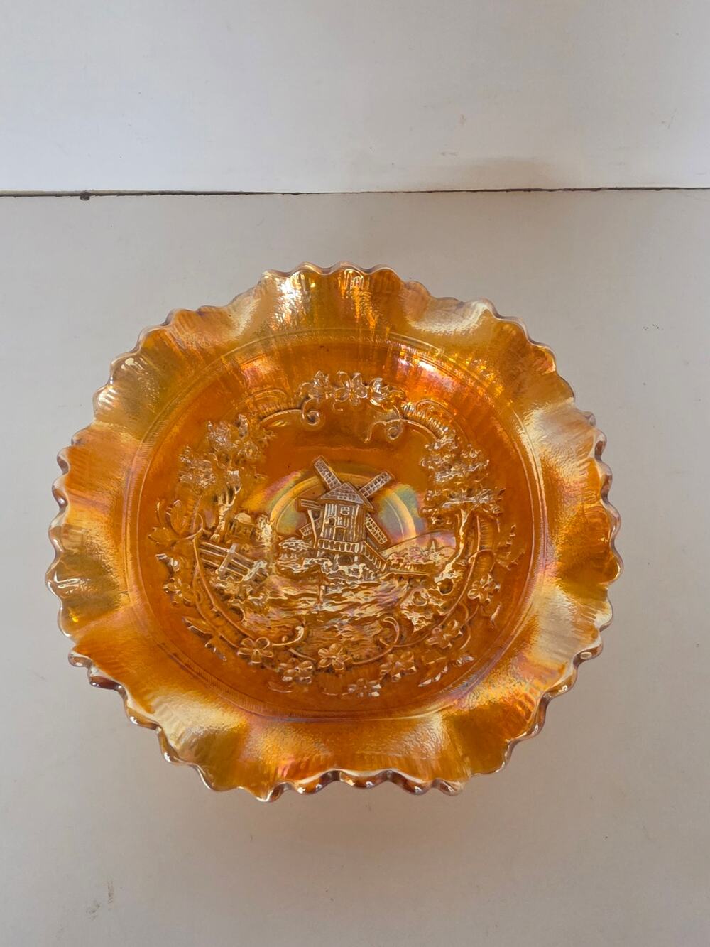 Vintage Imperial Iridescent Carnival Glass Windmill Bowl Ruffled Marigold